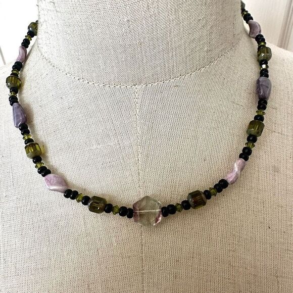 Purple and green sterling silver crystal  beaded necklace - Picture 1 of 8